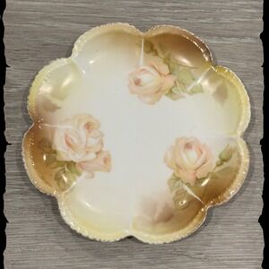 RS Germany Porcelain Scalloped‎ Plate  Roses Floral Antique 6.25 Inch Gold Trim